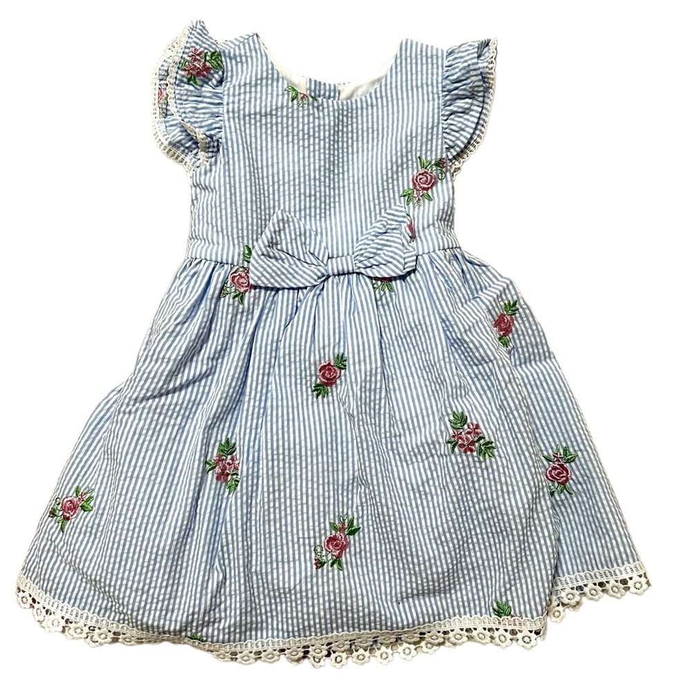 NWT Rare Editions blue & white seersucker dress w/ pink rose embroidery. 3T.